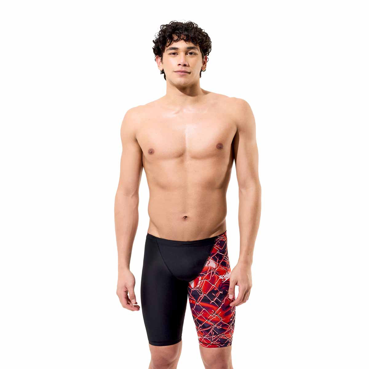 Speedo men's Fastskin LZR HyperPro printed jammers in black with electric veil design, designed for competitive swimming.