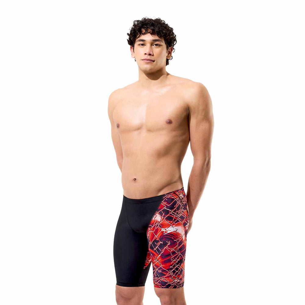 Speedo men's Fastskin LZR HyperPro printed jammers in black and electric veil with sleek athletic design.