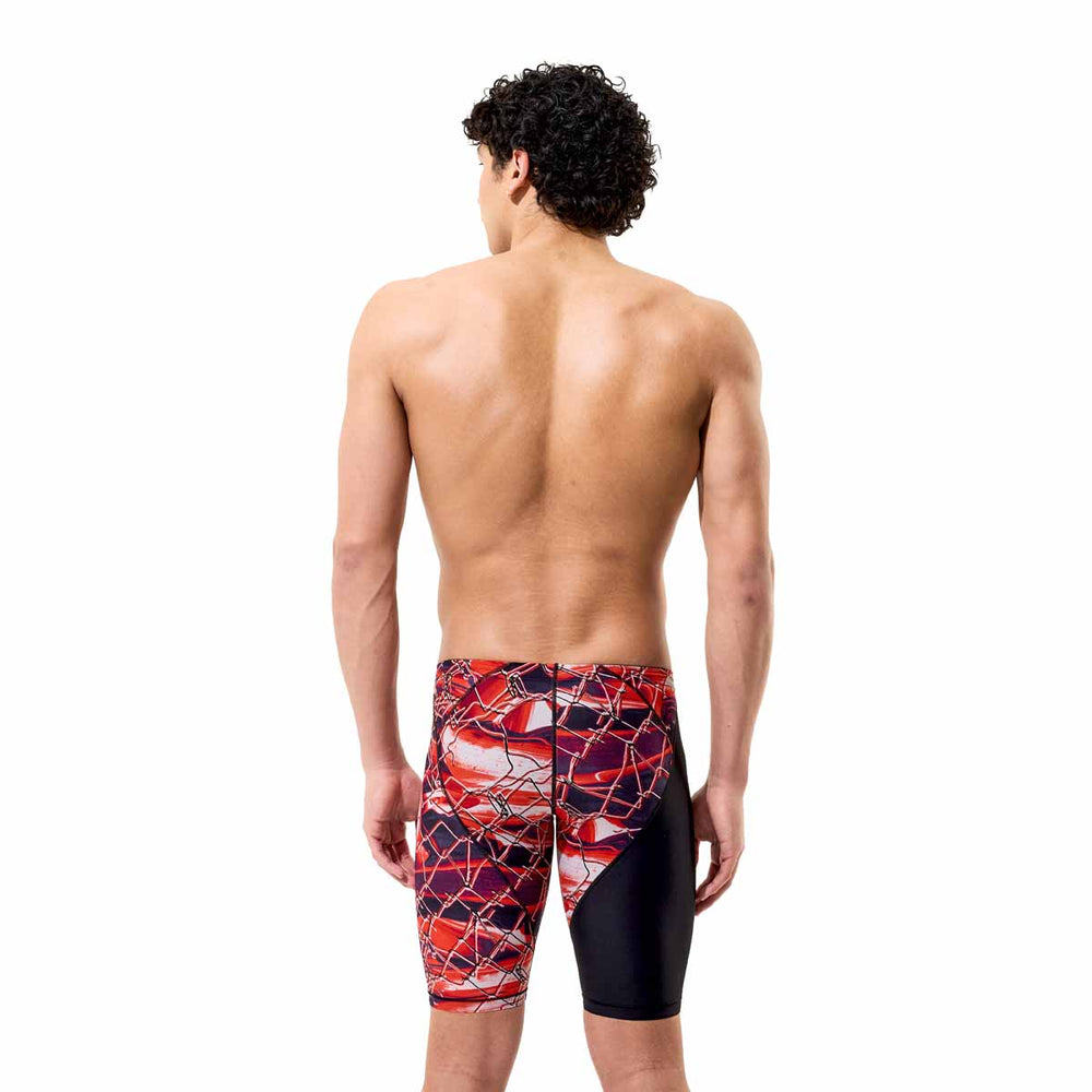 Speedo men's Fastskin LZR HyperPro printed jammer in black and electric veil with vibrant pattern, designed for competitive swimming.