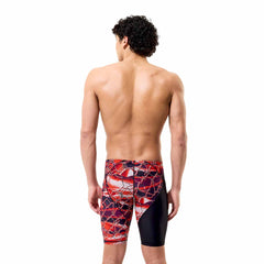 Speedo men's Fastskin LZR HyperPro printed jammer in black and electric veil with vibrant pattern, designed for competitive swimming.