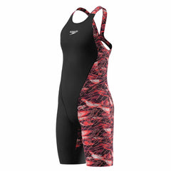 Speedo girls' Fastskin Junior LZR HyperPro printed kneeskin swimsuit in black and electric veil, designed for competitive swimming.