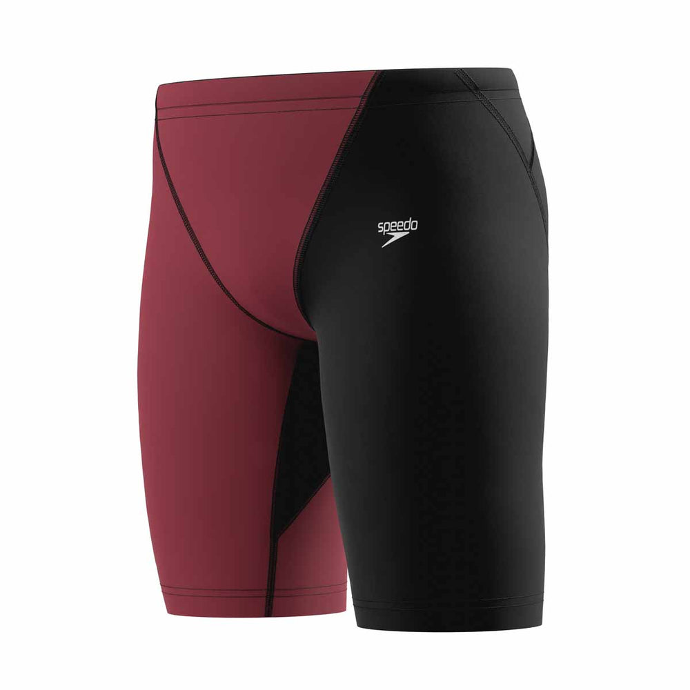 Speedo boys' Fastskin Junior LZR HyperPro jammer in regal red and black displayed on a swimmer mannequin.