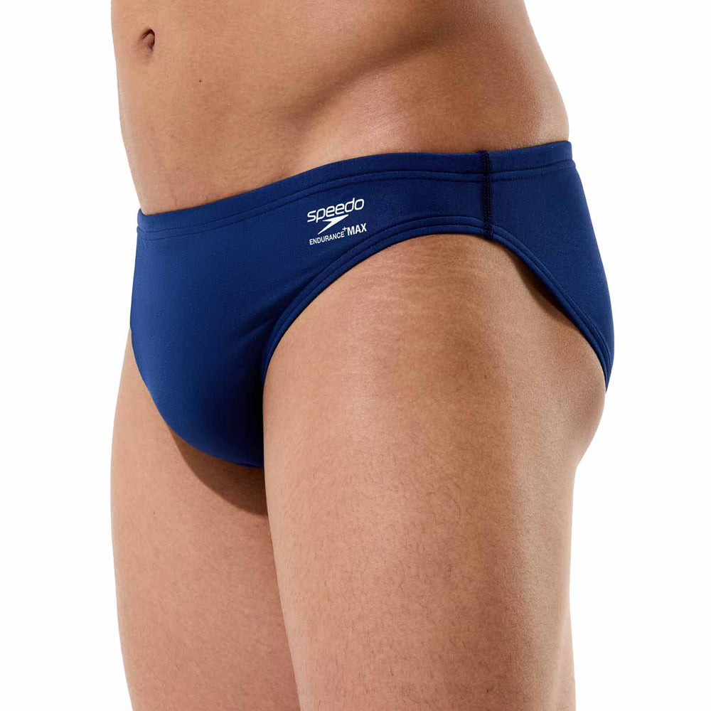 Speedo men's solid Endurance+ Max brief in navy, featuring a snug fit and durable fabric, designed for competitive swimming.