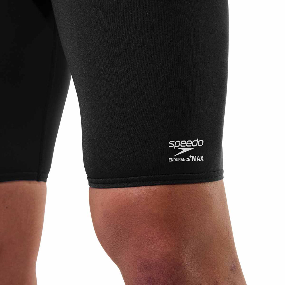 Speedo men's solid Endurance+ Max Jammer in black, designed for competitive swimming, featuring a snug fit and durable fabric.