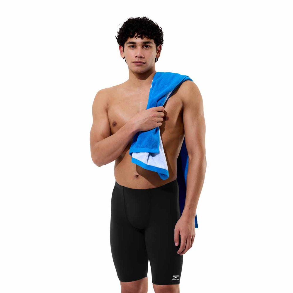 Speedo men's Solid Endurance+ Max Jammer in black, swimwear with a streamlined fit and durable fabric for competitive swimming.