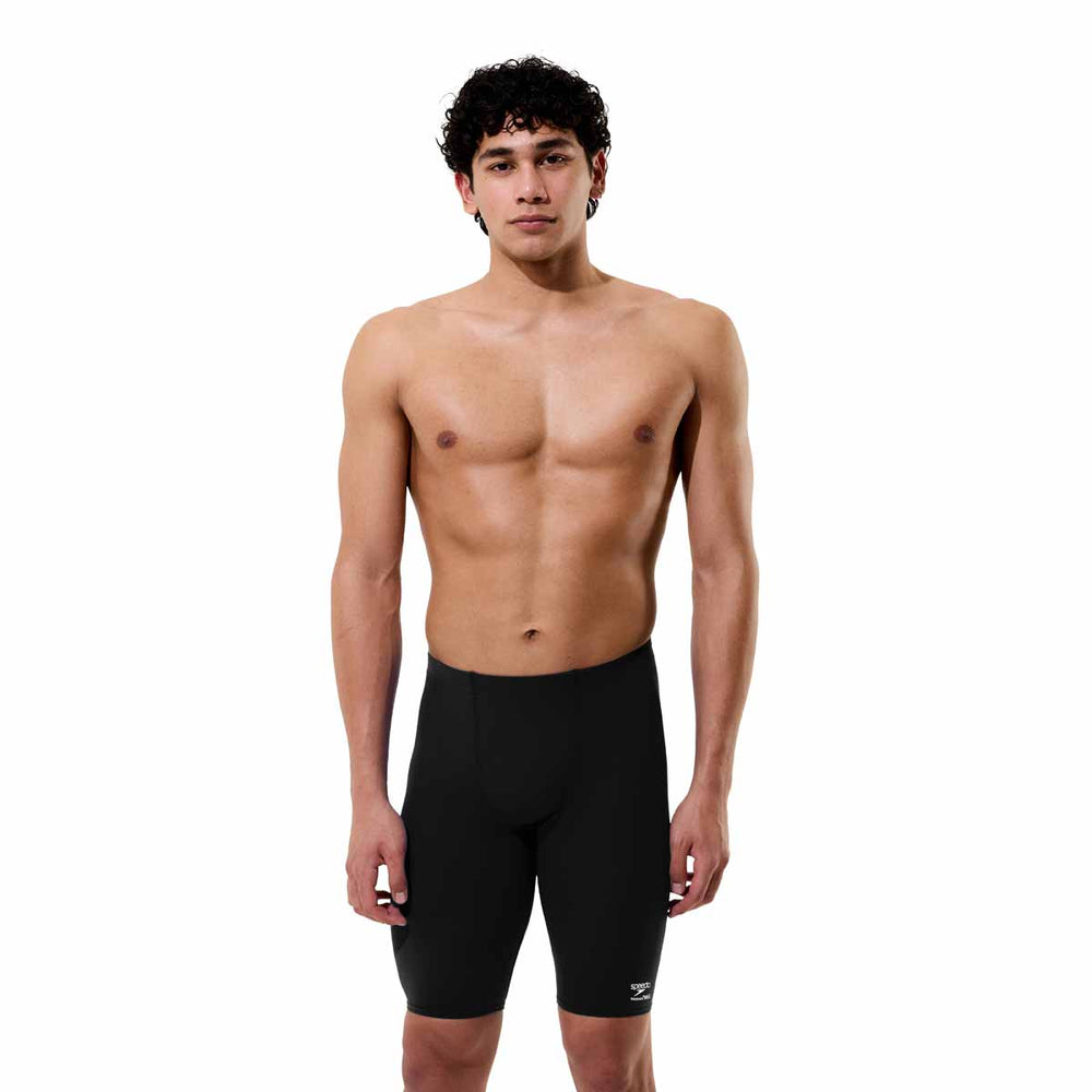 Speedo men's solid Endurance+ Max Jammer in Team Black, close-up of black swim jammer for competitive swimming