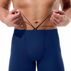 Speedo men's solid Endurance+ Max Jammer in Team Navy, close-up of the navy blue swim jammer with branding details