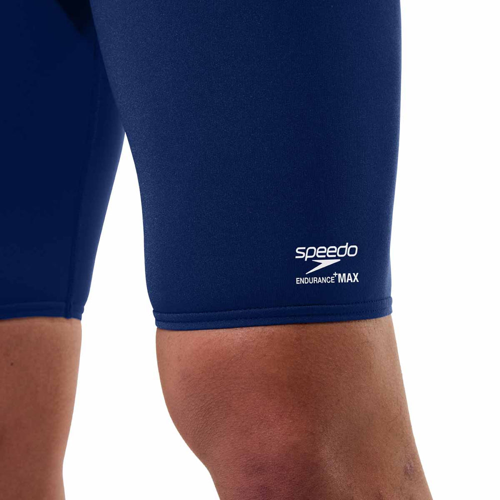 Speedo men's solid Endurance+ Max Jammer in team navy, close-up of fitted swim jammer with logo and sleek design