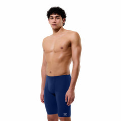 Speedo men's solid Endurance+ Max Jammer in navy, close-up view showing the fitted swimwear design and fabric texture.