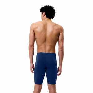 Speedo men's solid Endurance+ Max jammer in navy, close-up of lightweight, snug swim jammers for competitive swimming