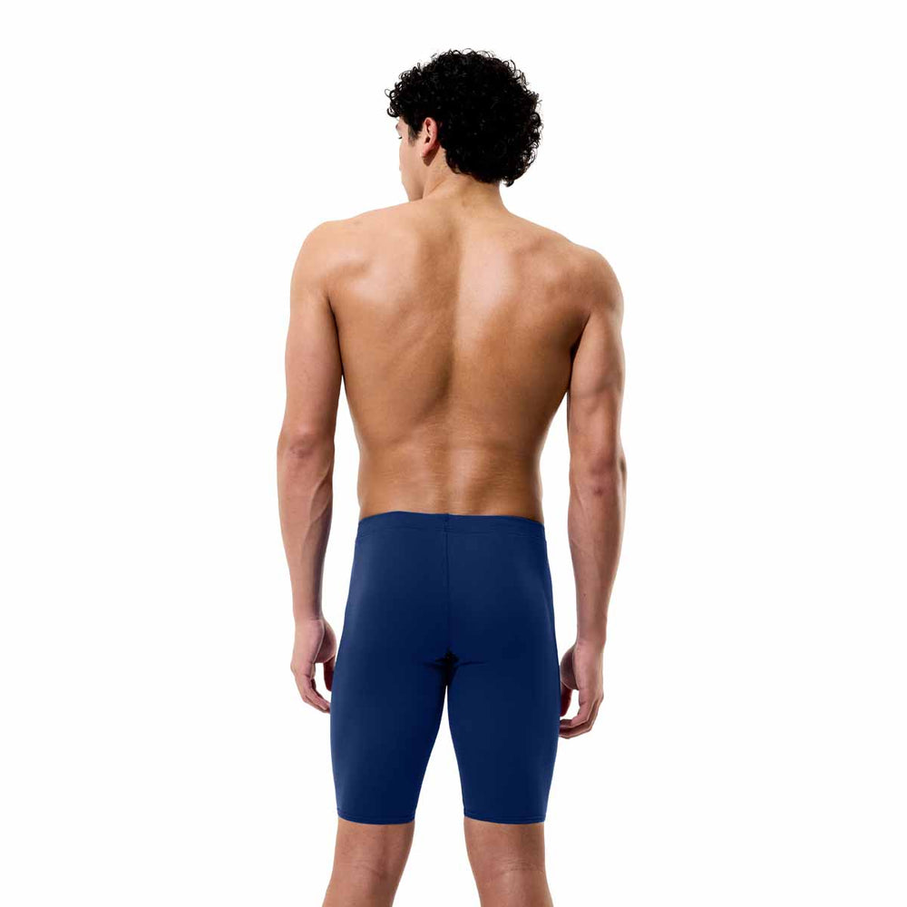Speedo men's solid Endurance+ Max jammer in navy, close-up of lightweight, snug swim jammers for competitive swimming