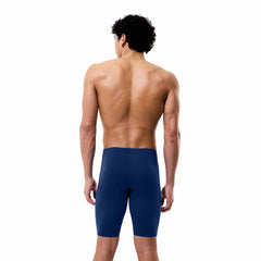 Speedo men's solid Endurance+ Max jammer in navy, close-up of lightweight, snug swim jammers for competitive swimming