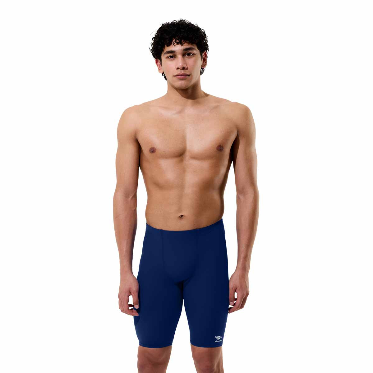 Speedo men's solid Endurance+ Max Jammer in Team Navy, close-up view of the navy-blue swim jammers with a sleek fit.