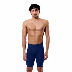 Speedo men's solid Endurance+ Max Jammer in Team Navy, close-up view of the navy-blue swim jammers with a sleek fit.