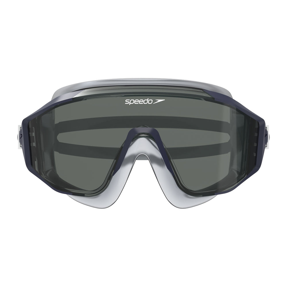 Speedo Aquapulse Pro swim goggles in peacoat and smoke with clear lenses, designed for comfortable, secure fit during swimming.