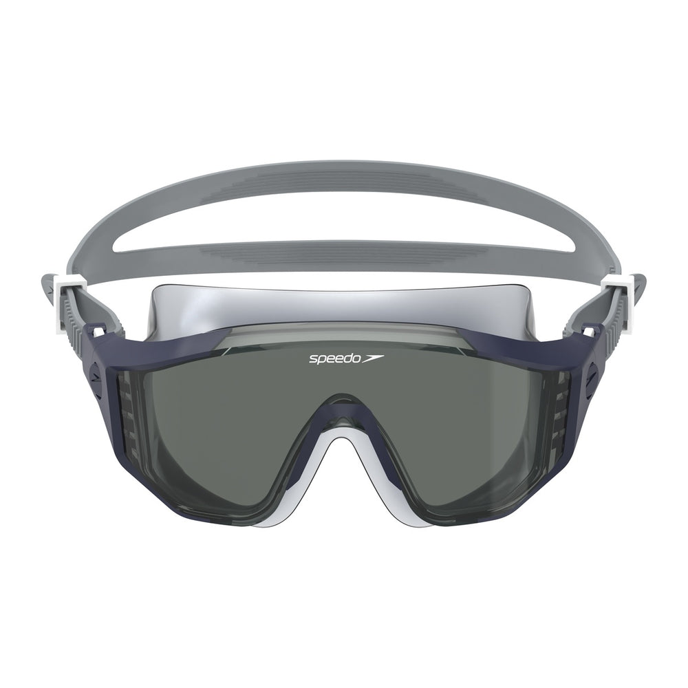 Speedo Aquapulse Pro swim goggles in peacoat and smoke with adjustable straps and clear lenses for comfortable swimming.