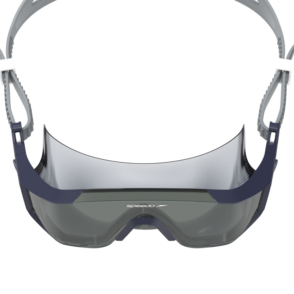 Speedo Aquapulse Pro swim goggles in peacoat and smoke with adjustable strap and clear lens, designed for comfortable swimming.