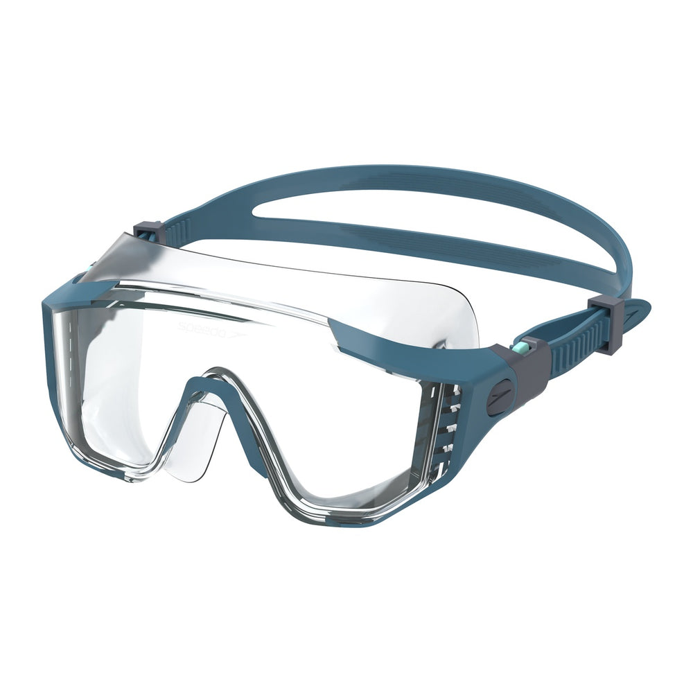 Speedo Aquapulse Pro swimming goggles with blue and clear border, featuring adjustable straps and a comfortable seal for swimming.