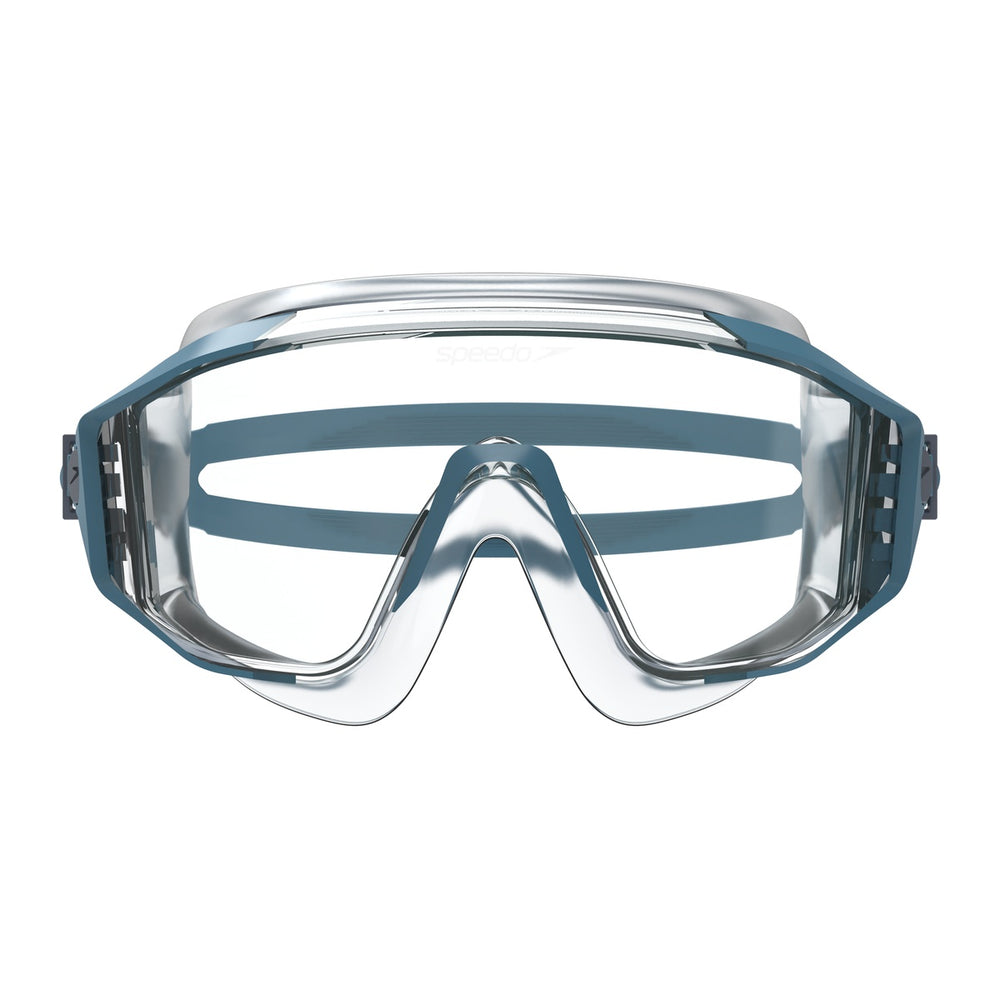 Speedo Aquapulse Pro swimming goggles with blue and clear border, featuring adjustable straps and anti-fog lenses.