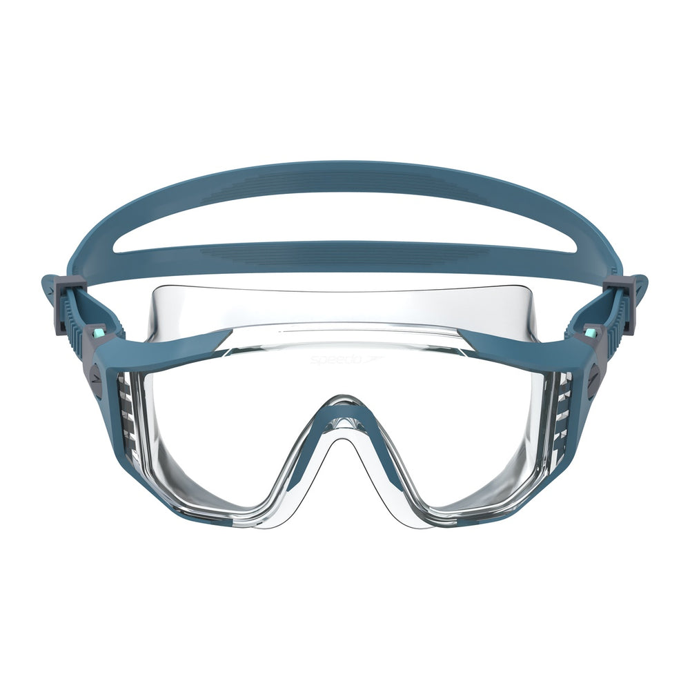 Speedo Aquapulse Pro swimming goggles with blue and clear border, featuring adjustable straps and a sleek, low-profile design.