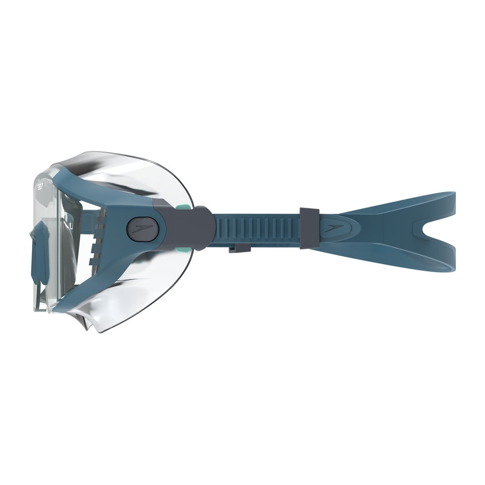 Speedo Aquapulse Pro swimming goggles with blue border and clear lenses, designed for comfort and performance in the water.