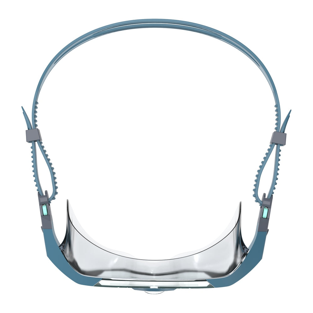 Speedo Aquapulse Pro swimming goggles with blue and clear border, featuring adjustable straps and a sleek, streamlined design.