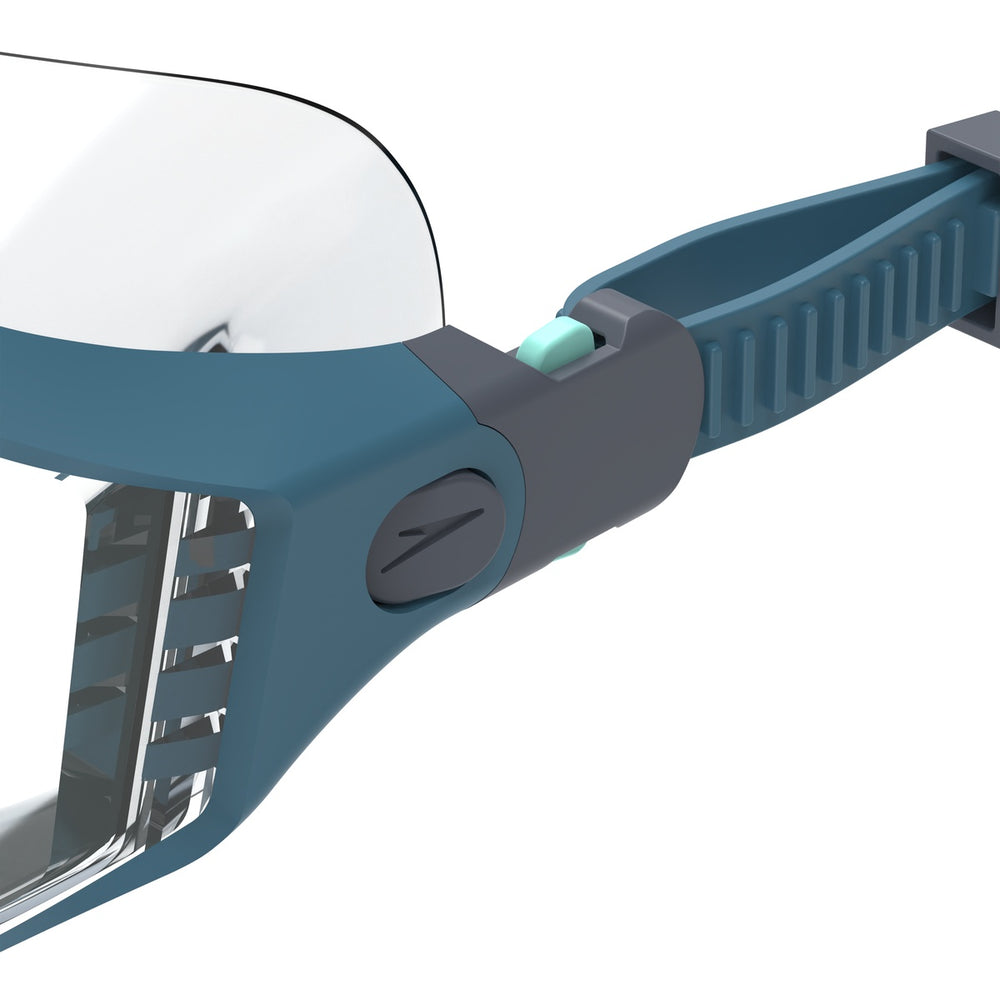 Speedo Aquapulse Pro swim goggles in border blue and clear with adjustable straps and silicone seals for comfortable fit.