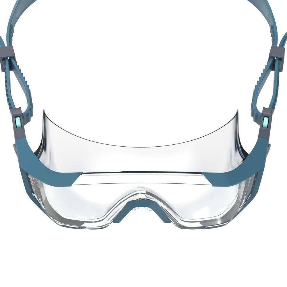 Speedo Aquapulse Pro swim goggles with blue and clear border, featuring adjustable straps and a streamlined design for comfortable fit