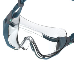 Speedo Aquapulse Pro swimming goggles with a blue and clear border, featuring a sleek design and adjustable straps.