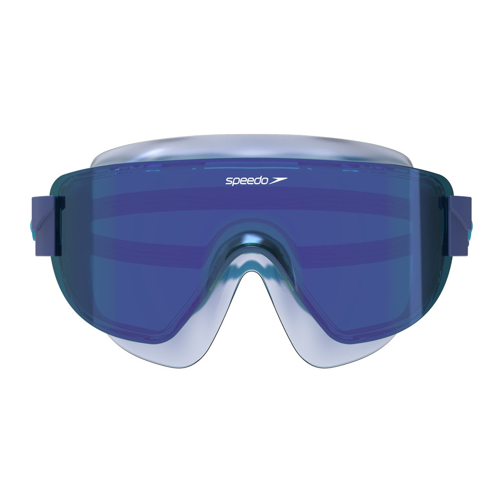 Speedo Women's Aquapulse Pro mirrored swim goggles with translucent Zaffre blue, cobalt, and iris mirror lenses, designed for comfortable fit
