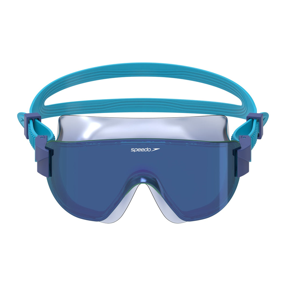 Speedo women's Aquapulse Pro mirrored goggles in translucent Zaffre Blue, Cobalt, and Iris mirror with clear silicone straps.