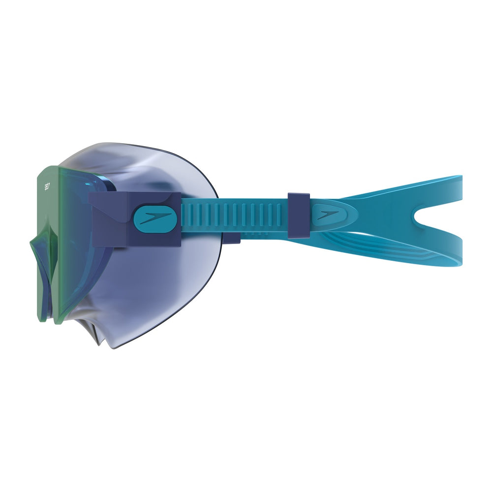 Speedo Women's Aquapulse Pro mirrored goggles in translucent zaffre blue, cobalt, and iris mirror with clear lenses for swimming.