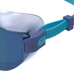 Speedo Women's Aquapulse Pro mirrored goggles in translucent Zaffre Blue and Cobalt with Iris mirror lens, designed for swimming.