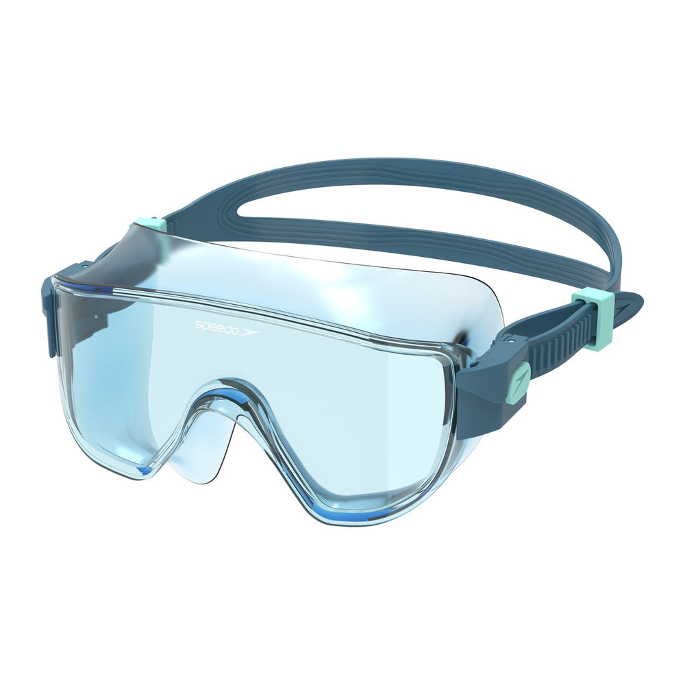 Speedo Women's Aquapulse Pro goggles in translucent angelic blue and celeste, showing the swim mask with adjustable straps.