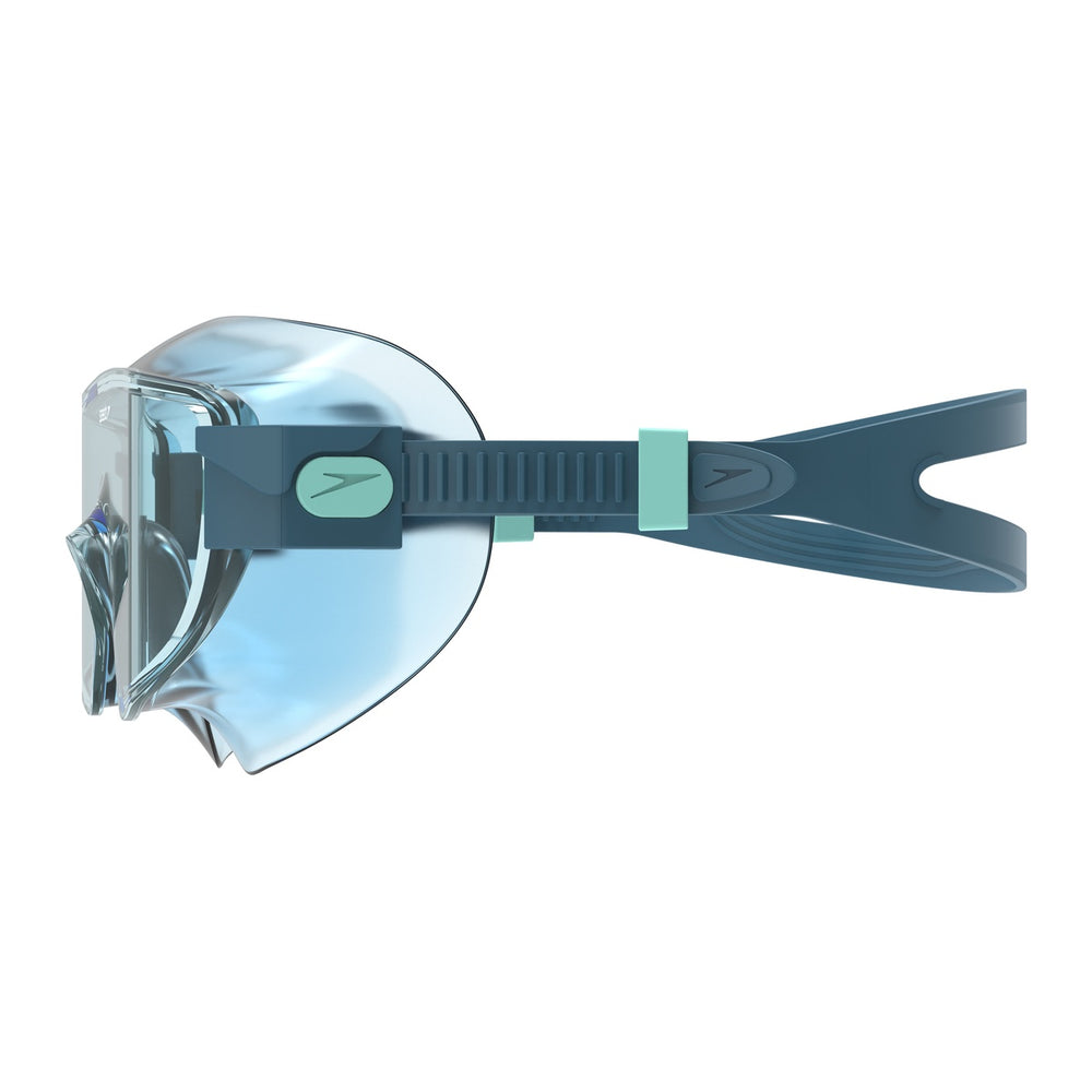 Speedo women's Aquapulse Pro mask goggles in translucent angelic blue and celeste, featuring adjustable straps and clear lenses.