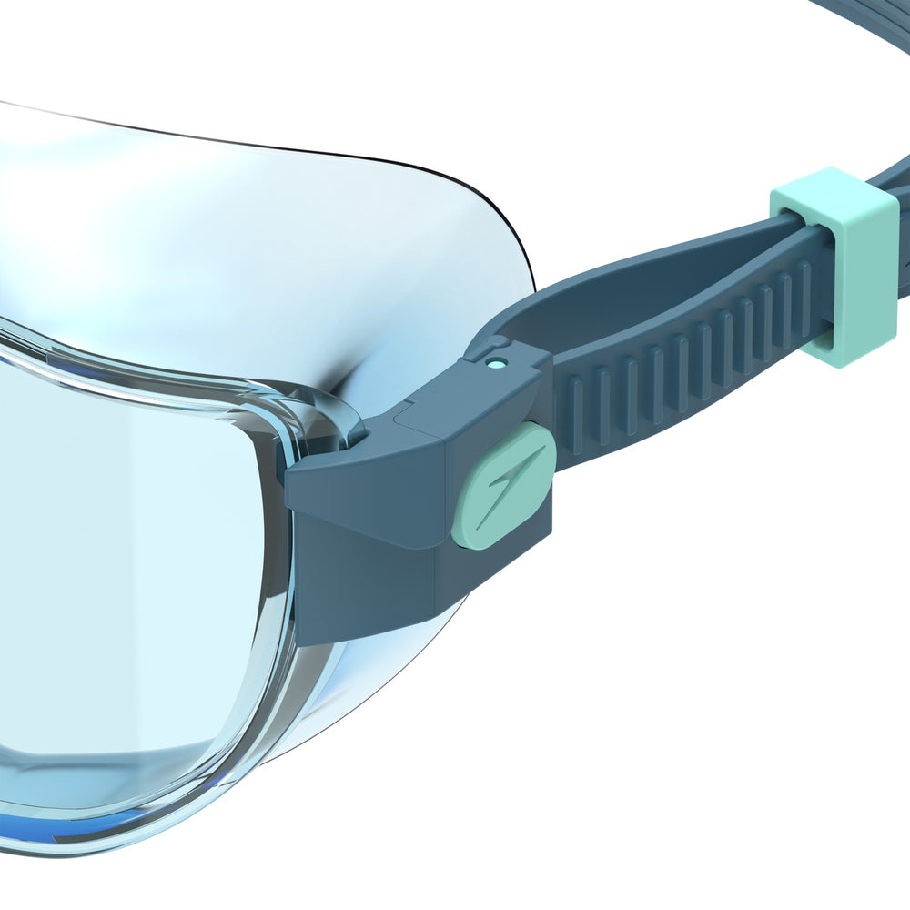 Speedo Women's Aquapulse Pro swimming goggles in translucent angelic blue and celeste, showing the sleek design and clear lenses.