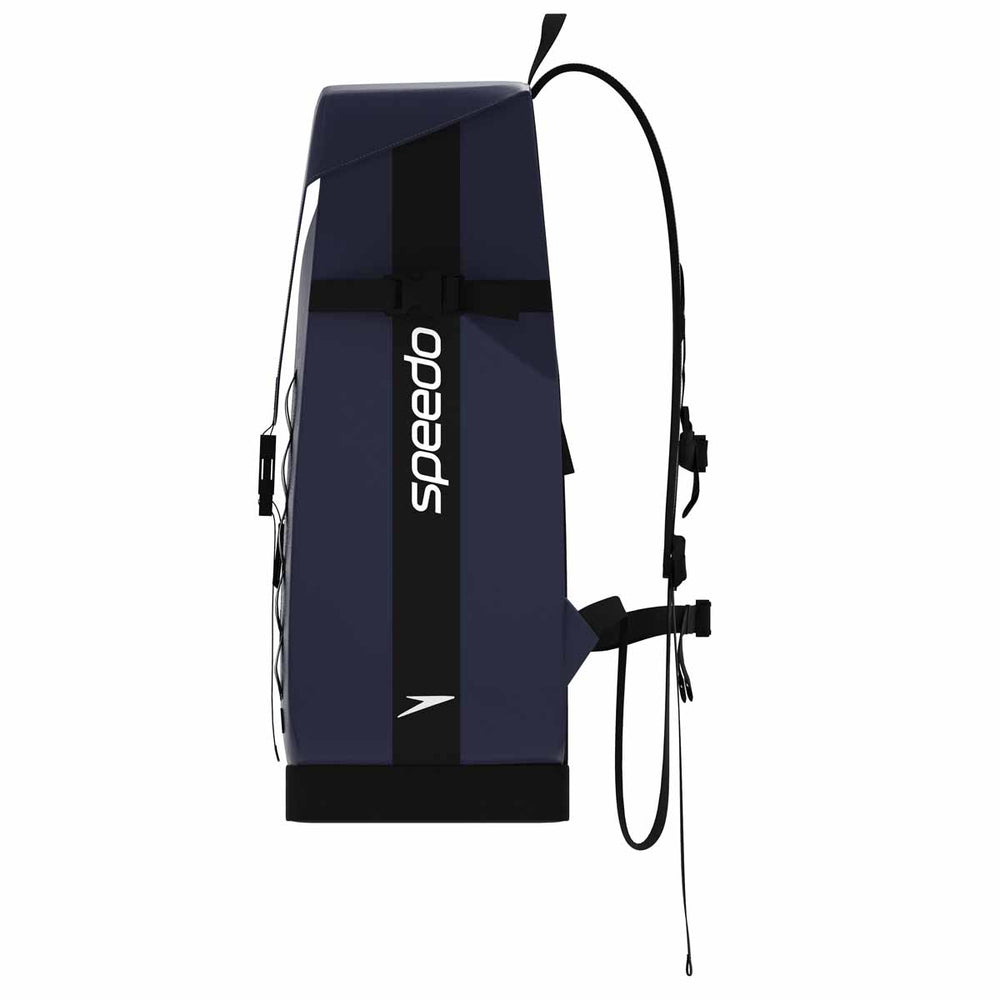 Speedo navy 45L Pro backpack with multiple compartments and adjustable straps, designed for swimming gear and active use.