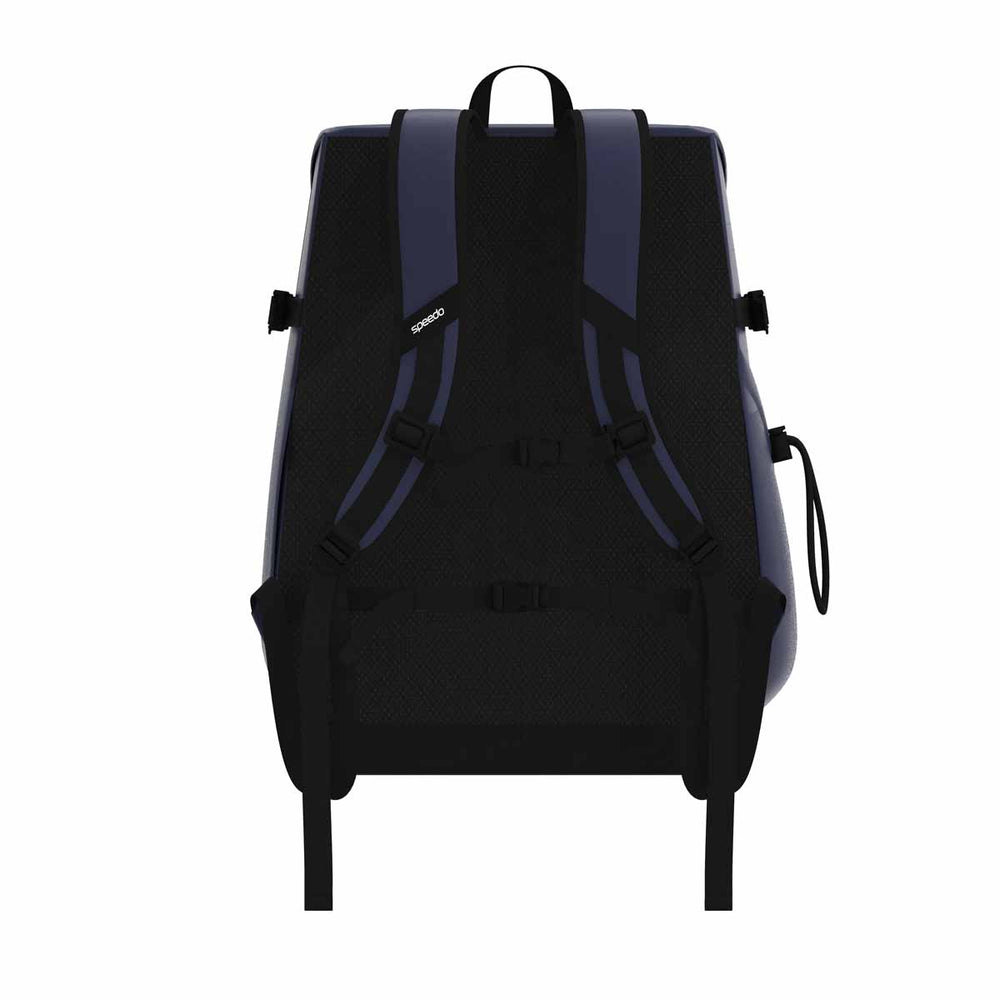 Speedo navy 45L Pro backpack with multiple compartments and padded straps for swimming gear storage.