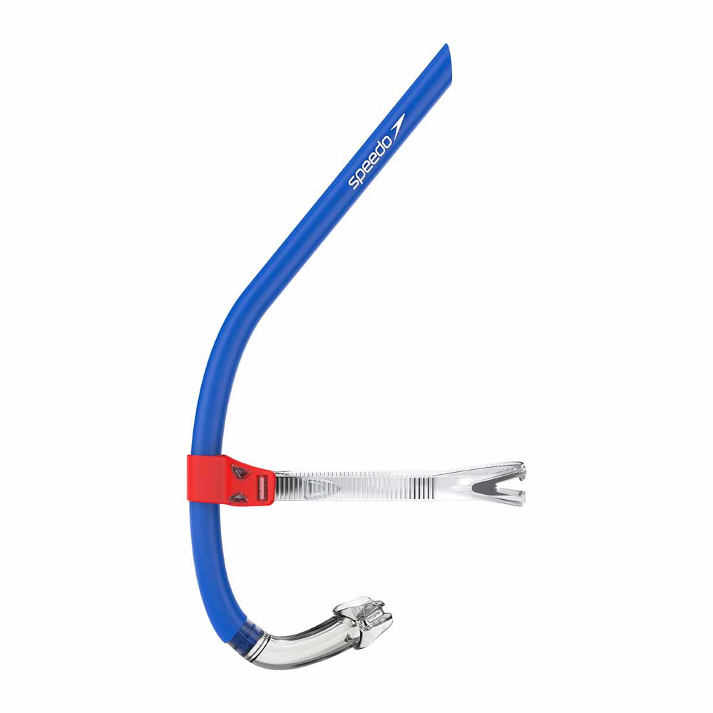 Speedo Pro Training Snorkel in blue and red, designed for swimming training, with adjustable mouthpiece and streamlined snorkel tube.