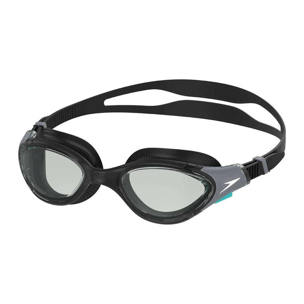 Speedo Biofuse 2.0 optical goggles in black and steel with adjustable straps and clear lenses for swimming.