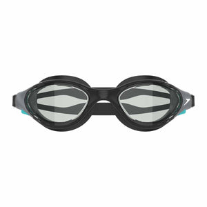 Speedo Biofuse 2.0 optical goggles in black and steel with adjustable straps and clear lenses for swimming.