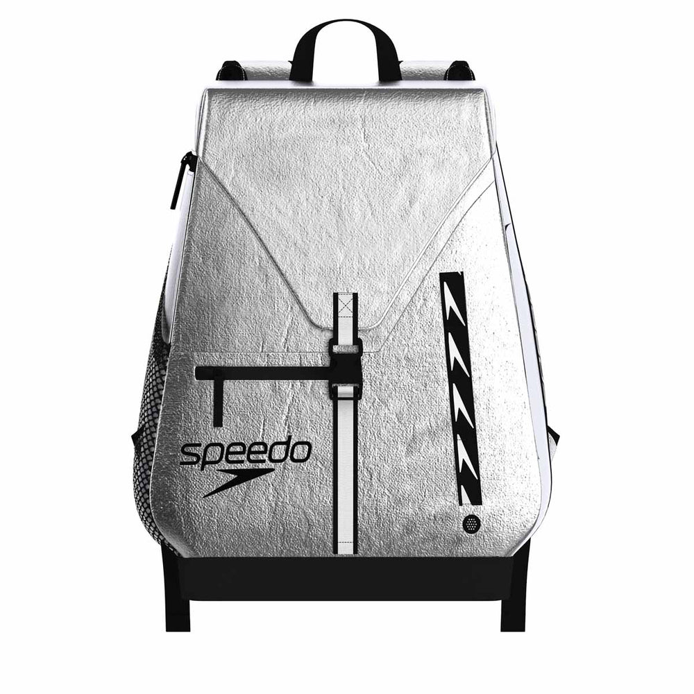 Speedo 35L limited edition matte silver team backpack with adjustable straps and multiple compartments.