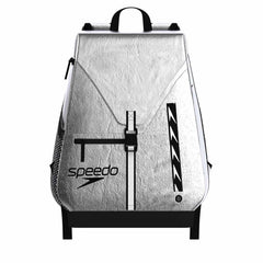 Speedo 35L limited edition matte silver team backpack with adjustable straps and multiple compartments.