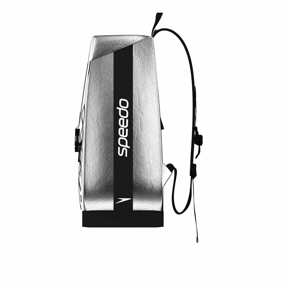Speedo 35L Team Bag backpack in matte silver with adjustable straps and multiple compartments for sports and travel use.
