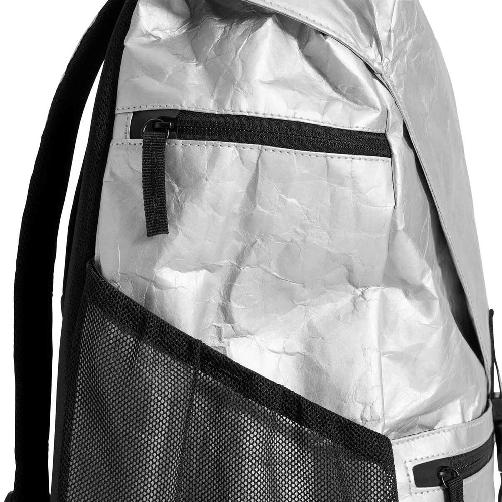 Speedo 35L Limited Edition matte silver team backpack with multiple compartments and padded shoulder straps.