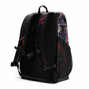 Speedo 35L Team Bag in Splatter Matter Black, a durable backpack designed for swimmers with multiple compartments and adjustable straps.