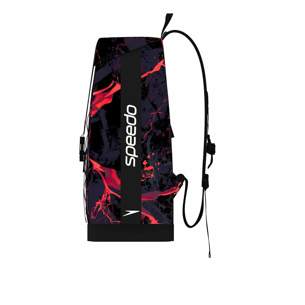 Speedo 35L Team Bag Limited Edition Splatter Matter Black backpack with multiple compartments and adjustable straps.