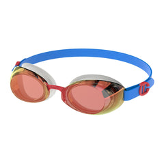 Speedo Junior Jet 2.0 mirrored goggles in Bondiblue, white, red, and flash orange with reflective lenses for swimming.