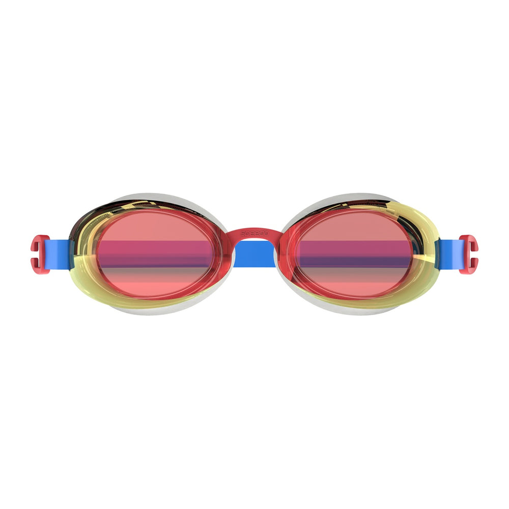 Speedo Junior Jet 2.0 mirrored goggles in Bondiblue, white, red, and flash orange with reflective lenses.