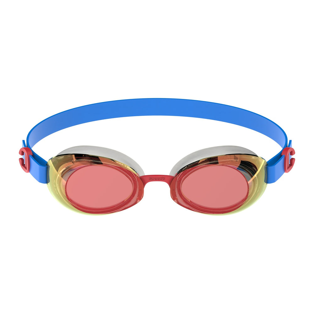 Speedo Junior Jet 2.0 mirrored swimming goggles in Bondiblue, white, red, and flash orange with reflective lenses.